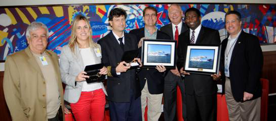 The Balearia Bahamas Express plaque exchange ceremony brought together (from left) Gerardo Capo, chairman of Grupo Capo, a partner of Balearia Caribbean Ltd.; Pilar Lecha, area manager, Balearia Group