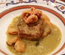 Korobuta pork in traditional green sauce topped with chicharones // © 2012 Beatrice Baisa