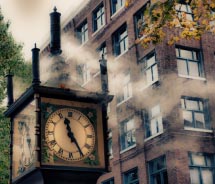 In which section of Vancouver could a visitor see a clock that whistles and plays chimes? // © 2012 Julie K3
